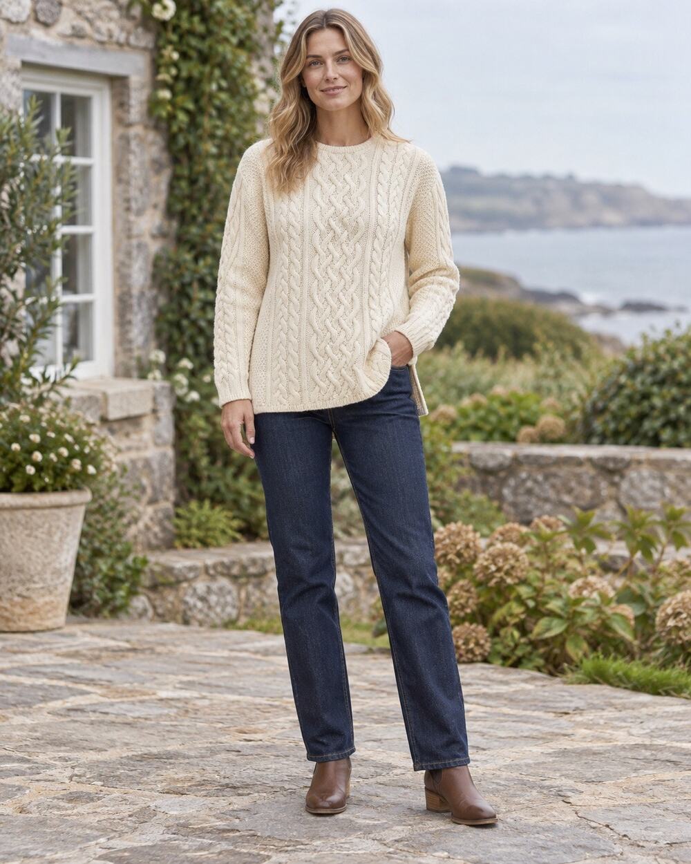 Aran Crafts Ireland Cream Cable-Knit Merino Wool Cashmere Sweater M